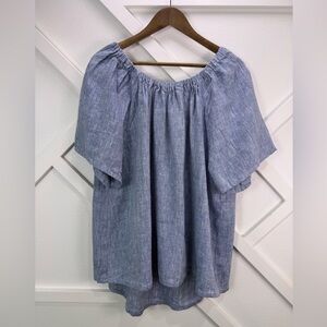 NWT Crown Linen Designs 100% Linen Chambray Blue Peasant Blouse XXL